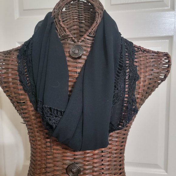 Large Black Shear Dress Scarf with Crotched Edges and Fringe - Picture 9 of 13